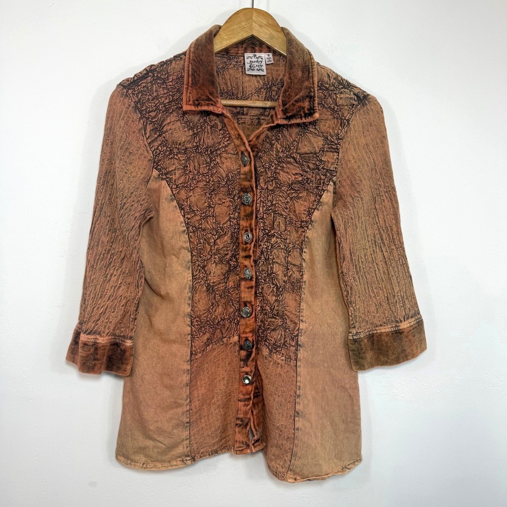 Parsley & Sage Top S Brown Crinkle Cotton Velvet Burnt Orange Lagenlook Boho